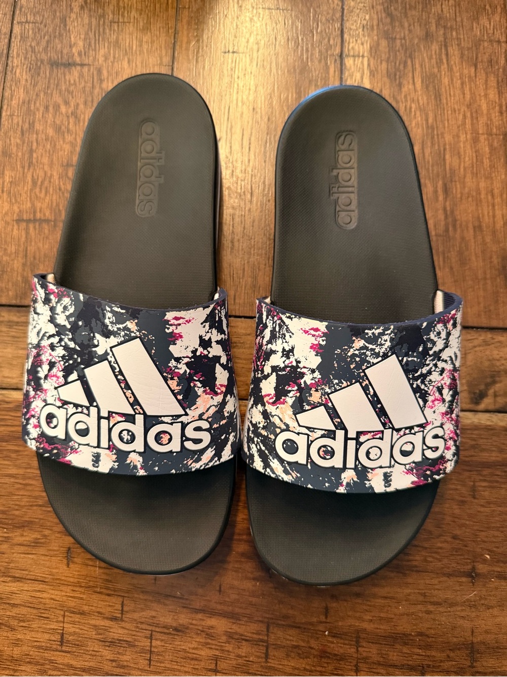 adidas Black Slide Sandals with Navy and Pink Splatter Strap